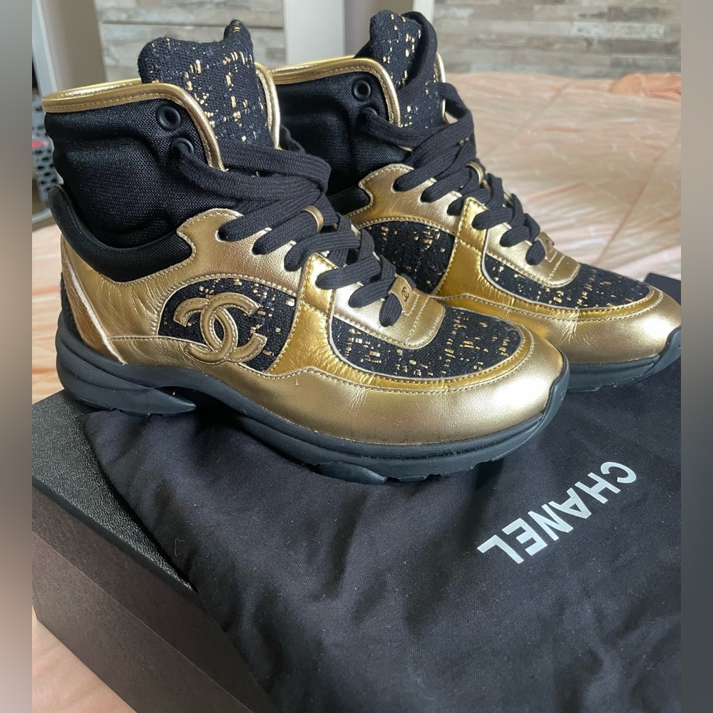 Chanel high top sneakers black and gold with tweed